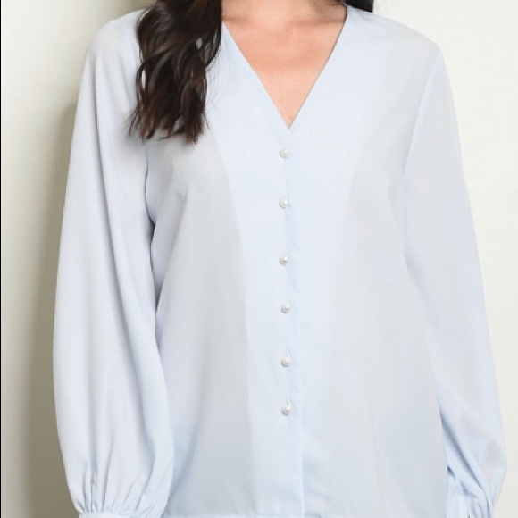 ❌DONATED❌Pale Blue Pearl Button Up V-neck Blouse Top - Picture 2 of 8